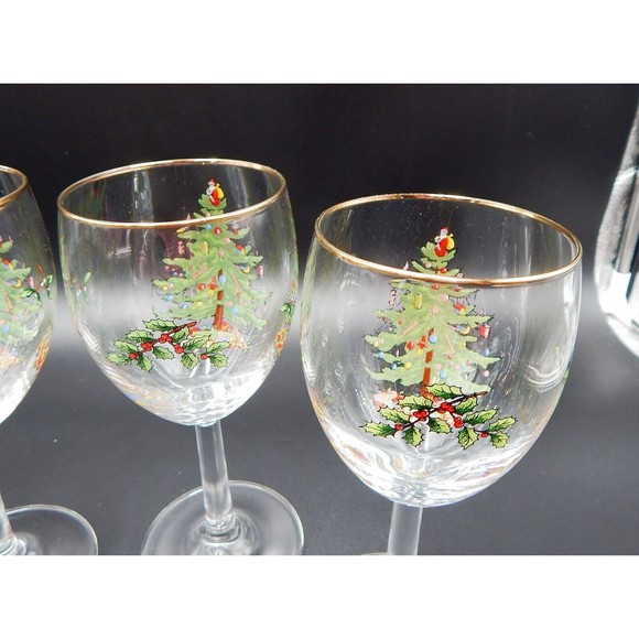 Spode Christmas Tree Wine Water Glasses Goblets Gold Trim 7-1/2 Inch Set of 4 - Picture 5 of 13